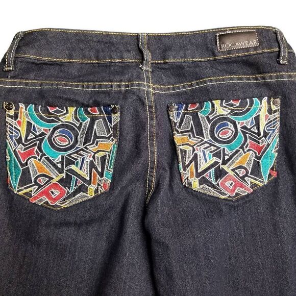 Rocawear Colorful Embroider Pocket Low Rise Straight Dark Blue Jeans - Picture 2 of 10